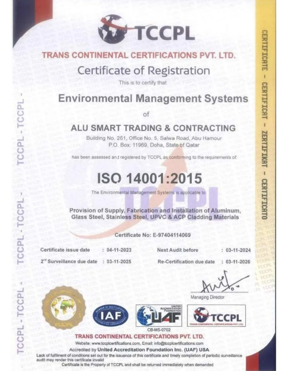 Alu Smart ISO 14001:2015 Certificate