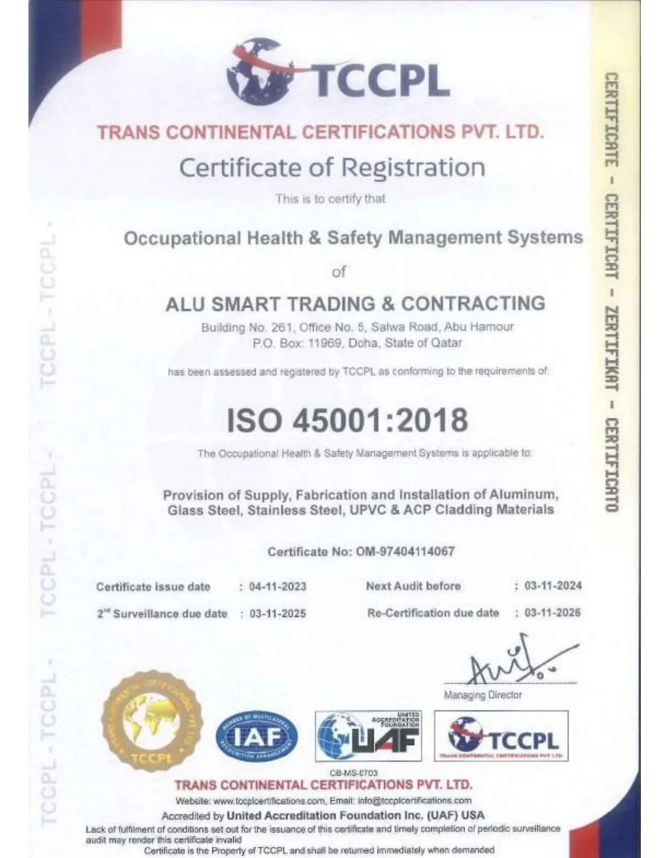Alu Smart ISO 45001:2018 Certificate