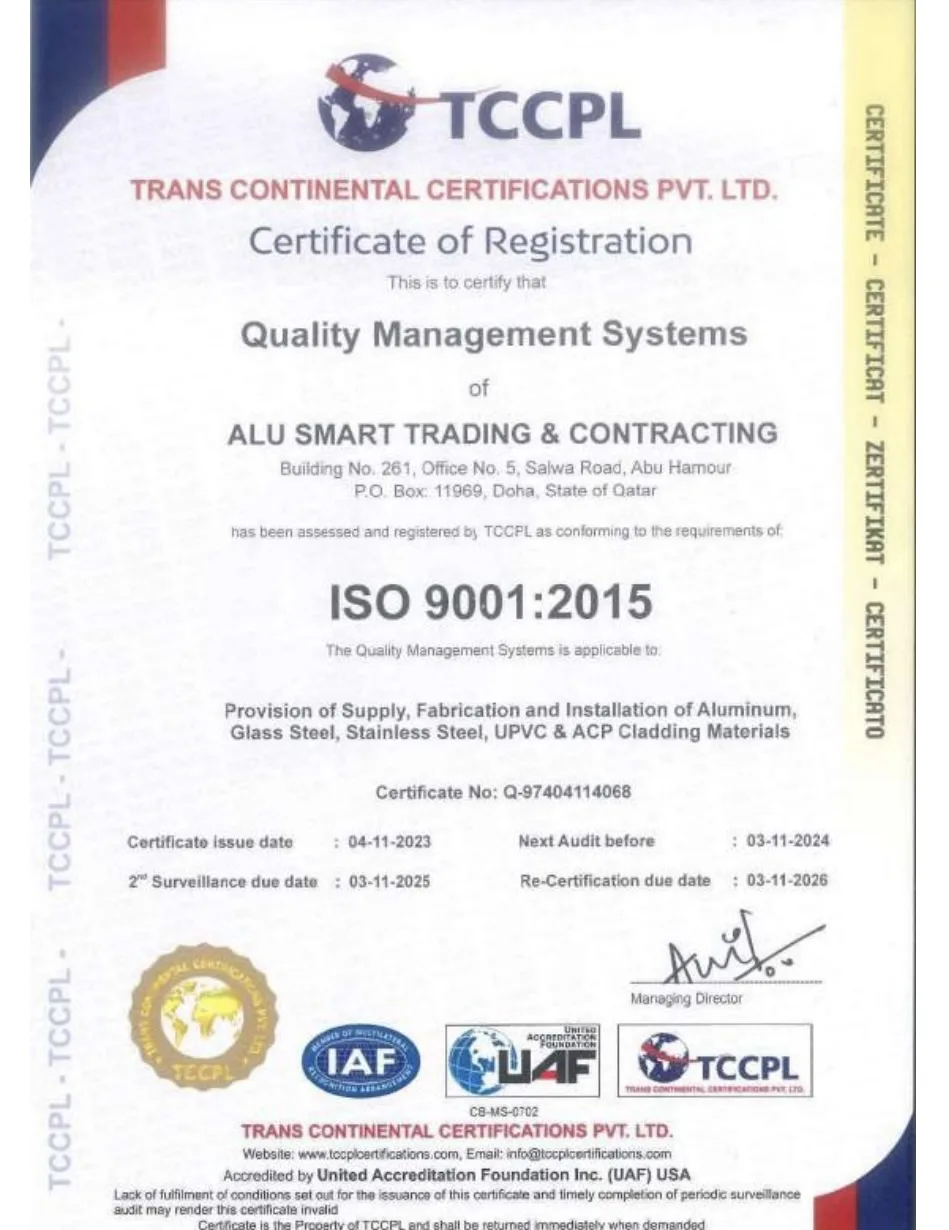 Alu Smart ISO 9001:2015 Certificate